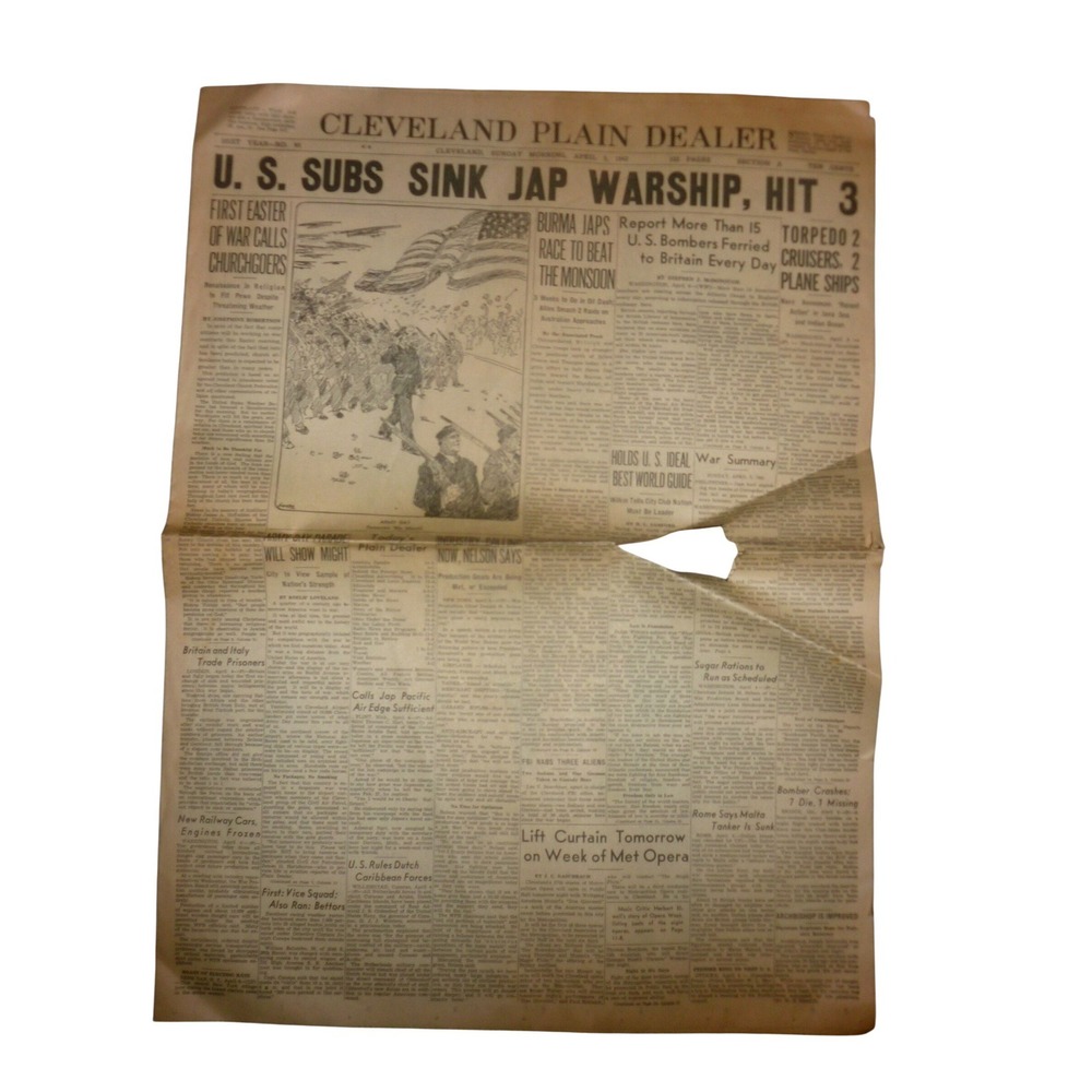 1942 Cleveland Plain Dealer Newspaper WWII Navy Submarine Warship Sunk Easter